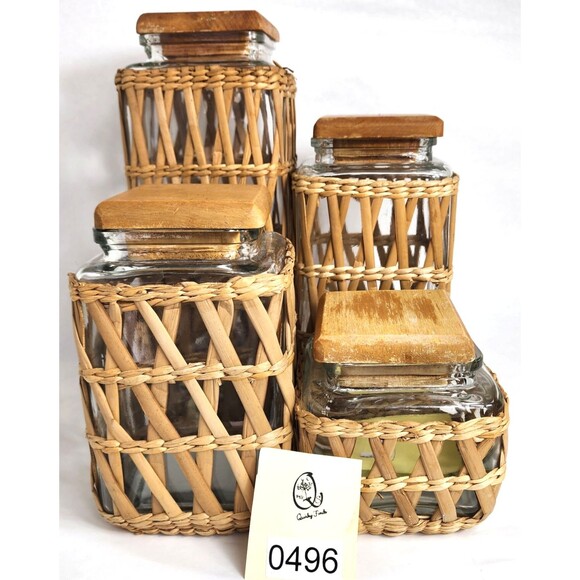 Lidded Seagrass Glass Wicker Boho Retro Square Storage Jar Vintage Set of 4 - Picture 2 of 14
